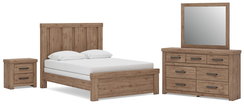 Oliandon Queen Panel Bed. Dresser, Mirror and Nightstand in Light Brown - PKG025165