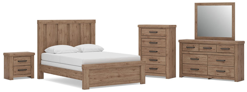 Oliandon Queen Panel Bed, Dresser, Mirror, Chest and Nightstand in Light Brown - PKG025167