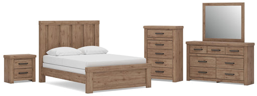 Oliandon Queen Panel Bed, Dresser, Mirror, Chest and Nightstand in Light Brown - PKG025167