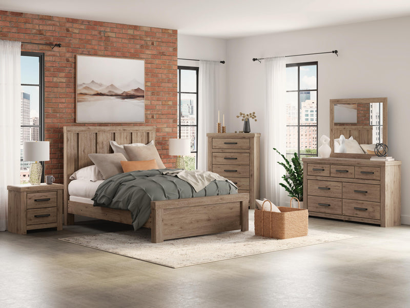 Oliandon Queen Panel Bed, Dresser, Mirror, Chest and Nightstand in Light Brown - PKG025167