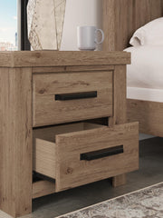 Oliandon Queen Panel Bed, Dresser, Mirror, Chest and Nightstand in Light Brown - PKG025167