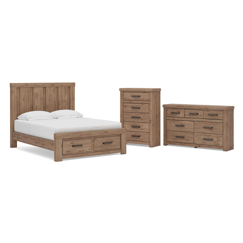 Oliandon Queen Panel Storage Bed, Dresser and Chest in Light Brown - PKG025172