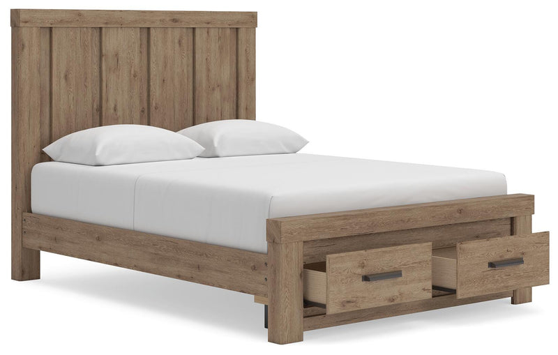 Oliandon Queen Panel Storage Bed, Dresser and Mirror in Light Brown - PKG025171