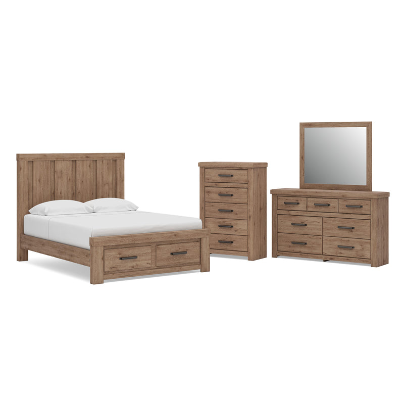 Oliandon Queen Panel Storage Bed, Dresser, Mirror and Chest in Light Brown - PKG025176