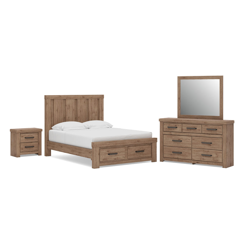 Oliandon Queen Panel Storage Bed. Dresser, Mirror and Nightstand in Light Brown - PKG025175
