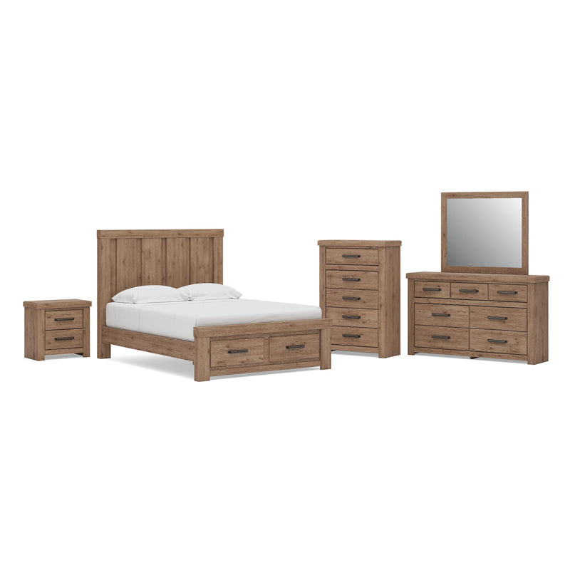 Oliandon Queen Panel Storage Bed, Dresser, Mirror, Chest and Nightstand in Light Brown - PKG025177