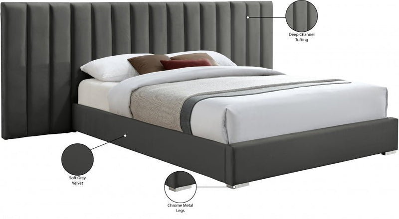 Pablo Velvet Queen Bed Grey - Gate FurnitureQueen Bed