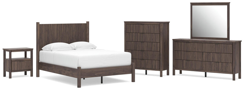 Pamytta Full Panel Platform Bed, Dresser, Mirror, Chest and Nightstand in Brown - PKG022672