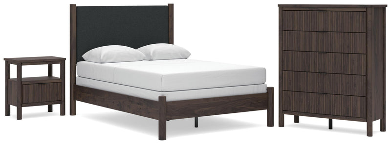 Pamytta Full Upholstered Panel Bed, Chest and  Nightstand in Brown - PKG022774