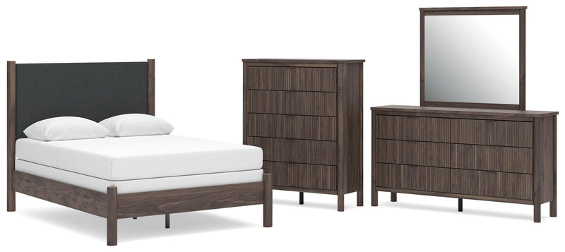 Pamytta Full Upholstered Panel Bed, Dresser and Mirror in Brown - PKG022723