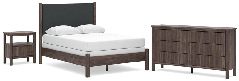 Pamytta Full Upholstered Panel Bed, Dresser and Nightstand in Brown - PKG022728