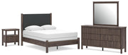 Pamytta Full Upholstered Panel Bed, Dresser, Mirror and Nightstand in Brown - PKG022724