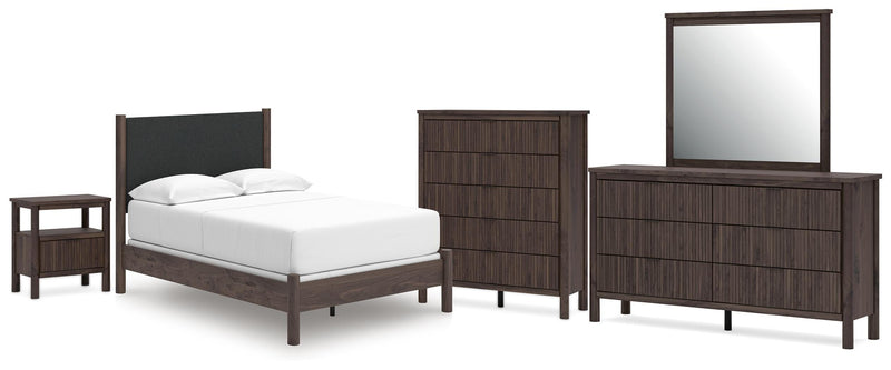 Pamytta Full Upholstered Panel Bed, Dresser, Mirror, Chest and Nightstand in Brown - PKG022726