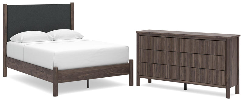 Pamytta Full Upholstered Panel Platform Bed and Dresser in Brown - PKG022691