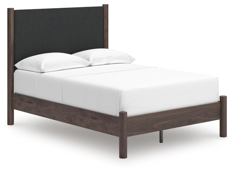 Pamytta Full Upholstered Panel Platform Bed, Chest and  Nightstand in Brown - PKG022762