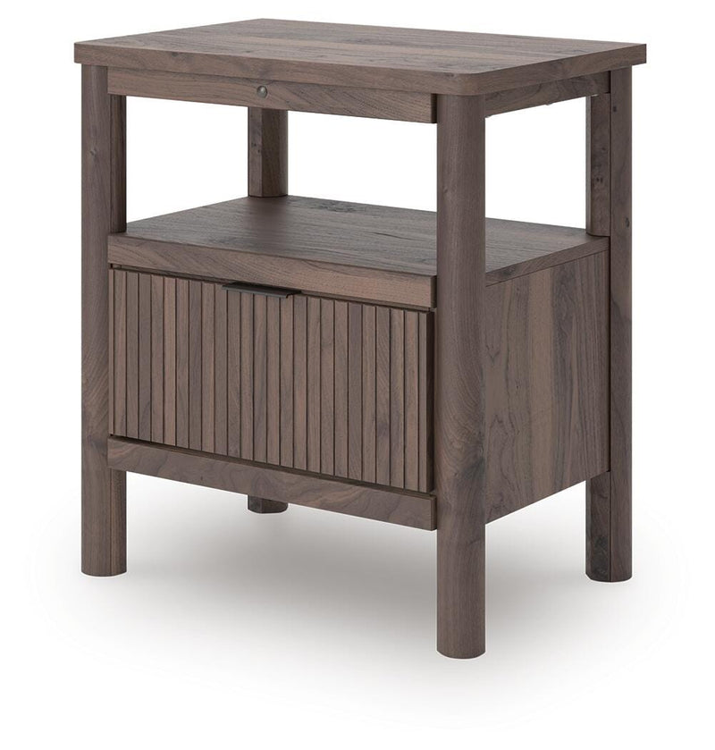Pamytta Full Upholstered Panel Platform Bed, Chest and  Nightstand in Brown - PKG022762