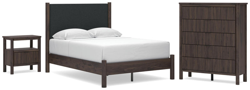 Pamytta Full Upholstered Panel Platform Bed, Chest and  Nightstand in Brown - PKG022762