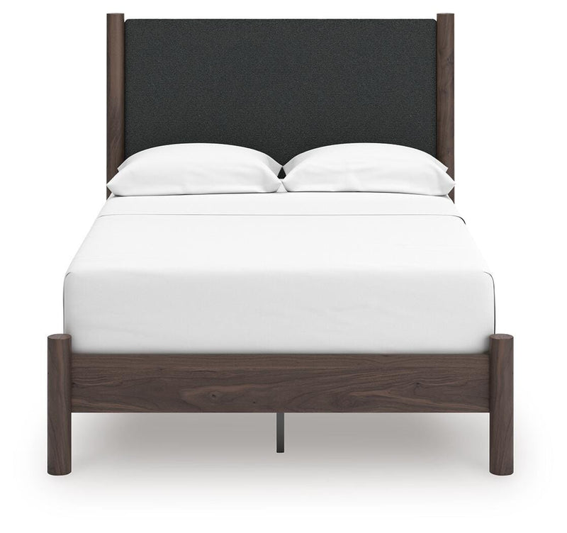 Pamytta Full Upholstered Panel Platform Bed, Chest and  Nightstand in Brown - PKG022762