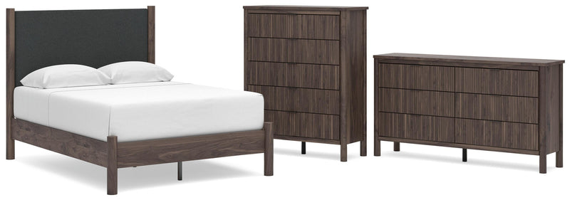 Pamytta Full Upholstered Panel Platform Bed, Dresser and Chest in Brown - PKG022761