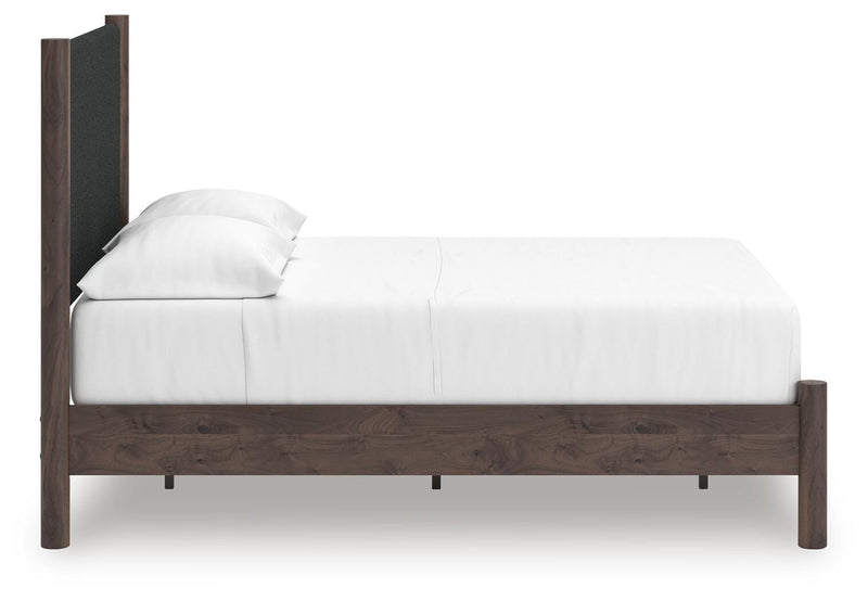 Pamytta Full Upholstered Panel Platform Bed, Dresser and Mirror in Brown - PKG022687