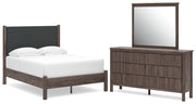 Pamytta Full Upholstered Panel Platform Bed, Dresser and Mirror in Brown - PKG022687