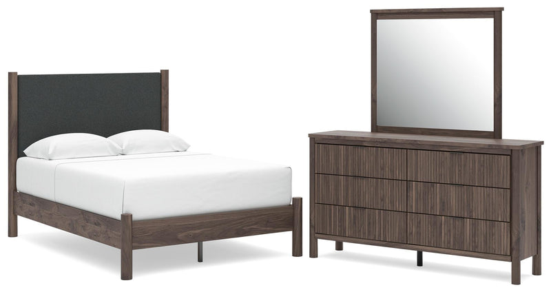 Pamytta Full Upholstered Panel Platform Bed, Dresser and Mirror in Brown - PKG022687