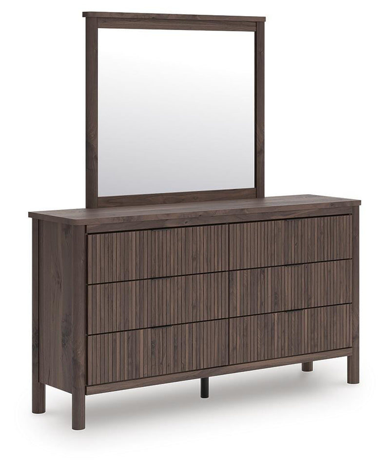 Pamytta Full Upholstered Panel Platform Bed, Dresser and Mirror in Brown - PKG022687