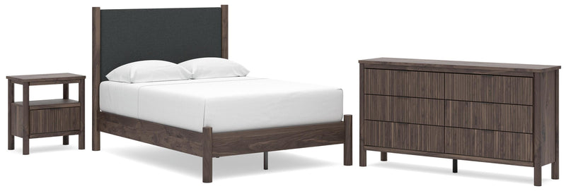 Pamytta Full Upholstered Panel Platform Bed, Dresser and Nightstand in Brown - PKG022692