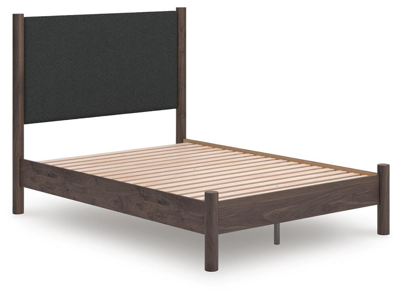 Pamytta Full Upholstered Panel Platform Bed, Dresser, Mirror and Chest in Brown - PKG022689