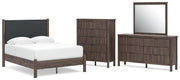 Pamytta Full Upholstered Panel Platform Bed, Dresser, Mirror and Chest in Brown - PKG022689