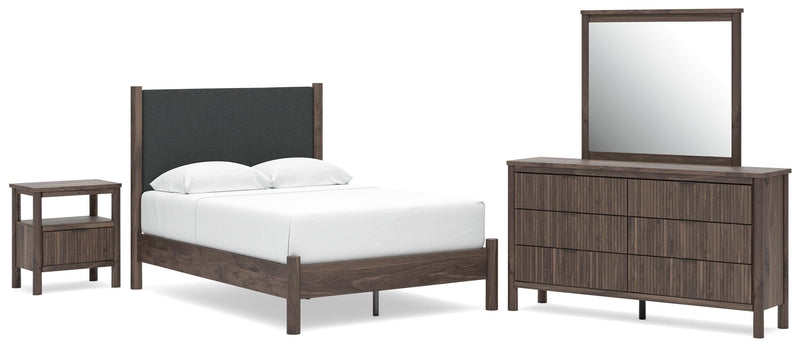 Pamytta Full Upholstered Panel Platform Bed, Dresser, Mirror and Nightstand in Brown - PKG022688