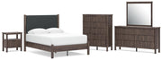Pamytta Full Upholstered Panel Platform Bed, Dresser, Mirror, Chest and Nightstand in Brown - PKG022690