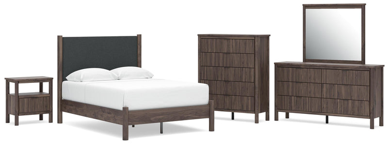 Pamytta Full Upholstered Panel Platform Bed, Dresser, Mirror, Chest and Nightstand in Brown - PKG022690