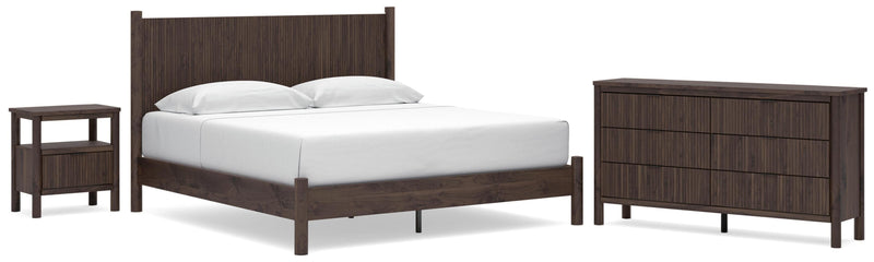 Pamytta King Panel Platform Bed, Dresser, Mirror and Nightstand in Brown - PKG022746