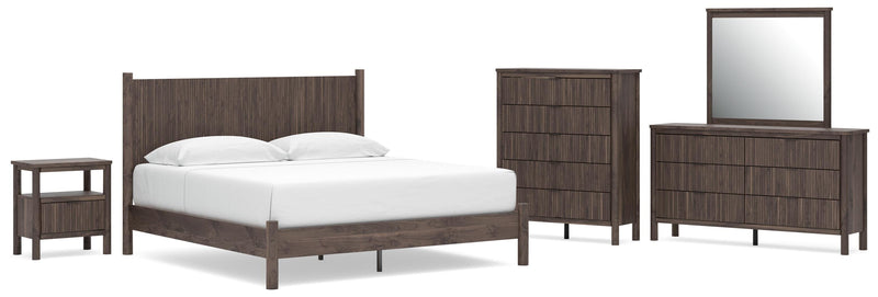 Pamytta King Panel Platform Bed, Dresser, Mirror, Chest and Nightstand in Brown - PKG022744