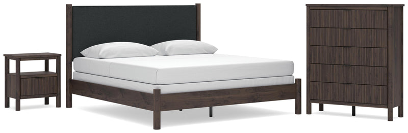 Pamytta King Upholstered Panel Bed, Chest and  Nightstand in Brown - PKG022785