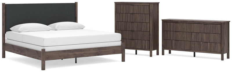 Pamytta King Upholstered Panel Bed, Dresser and Chest in Brown - PKG022784