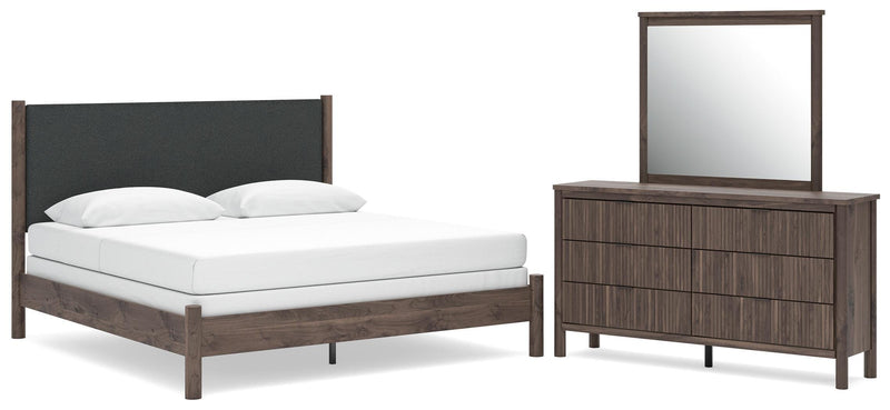 Pamytta King Upholstered Panel Bed, Dresser and Mirror in Brown - PKG022783