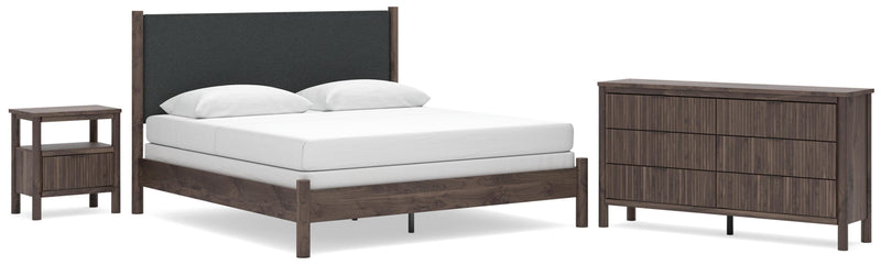 Pamytta King Upholstered Panel Bed, Dresser and Nightstand in Brown - PKG022790