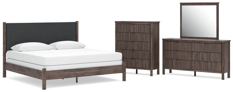 Pamytta King Upholstered Panel Bed, Dresser, Mirror and Chest in Brown - PKG022787