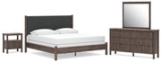 Pamytta King Upholstered Panel Bed, Dresser, Mirror and Nightstand in Brown - PKG022786