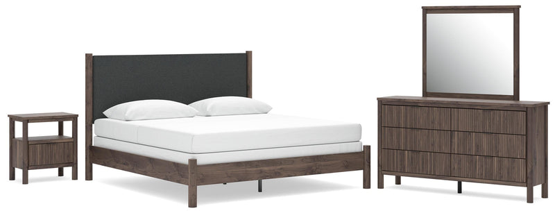 Pamytta King Upholstered Panel Bed, Dresser, Mirror and Nightstand in Brown - PKG022786