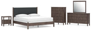 Pamytta King Upholstered Panel Bed, Dresser, Mirror, Chest and Nightstand in Brown - PKG022788