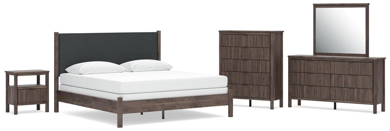 Pamytta King Upholstered Panel Bed, Dresser, Mirror, Chest and Nightstand in Brown - PKG022788