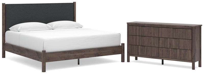 Pamytta King Upholstered Panel Platform Bed and Dresser in Brown - PKG022751