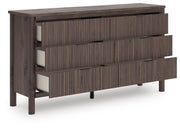 Pamytta King Upholstered Panel Platform Bed and Dresser in Brown - PKG022751