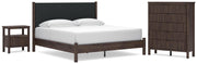 Pamytta King Upholstered Panel Platform Bed, Chest and  Nightstand in Brown - PKG022782