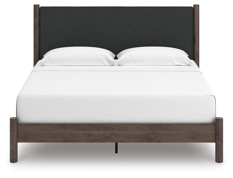 Pamytta King Upholstered Panel Platform Bed, Chest and  Nightstand in Brown - PKG022782