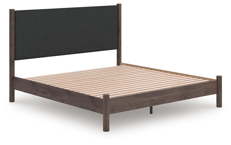 Pamytta King Upholstered Panel Platform Bed, Dresser and Chest in Brown - PKG022781