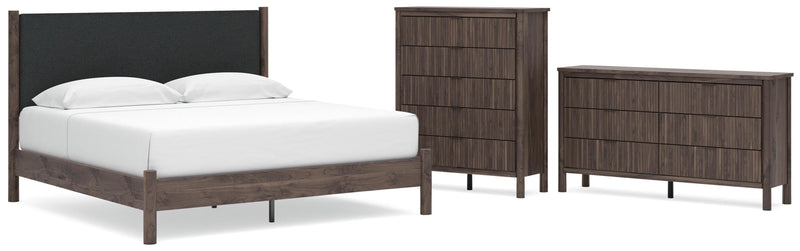 Pamytta King Upholstered Panel Platform Bed, Dresser and Chest in Brown - PKG022781